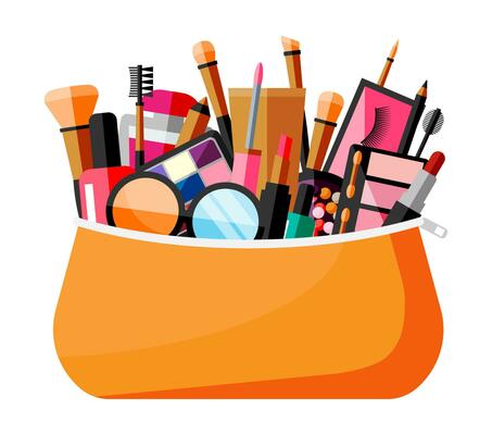 Makeup collection in bag. Set of decorative cosmetics. Make-up store. Various brushes, perfume, mascara, gloss, powder, lipstick and blush. Beauty and fashion. Cartoon flat vector illustration