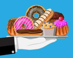 Sweet desserts in tray in hand. Tasty food. Pastry or bakery. Eclair, donut, muffin. Chocolate cakes with cream custard and berry. Vector illustration in flat style