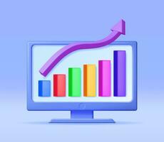 3D Growth Stock Chart and Arrow on Desktop Computer. Render Stock Arrow with Money on Monitor Shows Growth or Success. Financial Item, Business Investment. Money and Banking. Vector Illustration