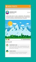 Social network interface template. News post frames pages on mobile device. Users comment on photo. Social resources application mock up. Vector illustration in flat style