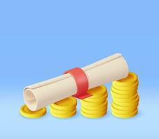 3D Graduation Diploma Scroll and Gold Coin Stacks Isolated. Render Money for Education, Savings and Investment Concept. Academic and School Knowledge. Realistic Vector Illustration