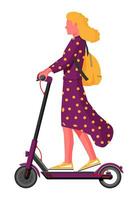 Young woman on kick scooter. Girl with backpack rolling on electric scooter. Hipster character uses modern urban transport. Ecological, convenient city transportation. Cartoon flat vector illustration