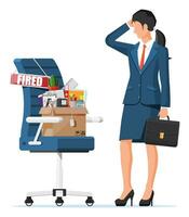 Dismiss employee, chair with fired word plate and cardboard box with office items. Hiring and recruiting. Human resources management concept searching professional staff work. Flat vector illustration