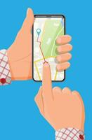 Modern smartphone with map and marker in hand. GPS navigation in phone with green and blue pointers. Tracking and location concept. Track app on touch screen. Cartoon flat vector illustration