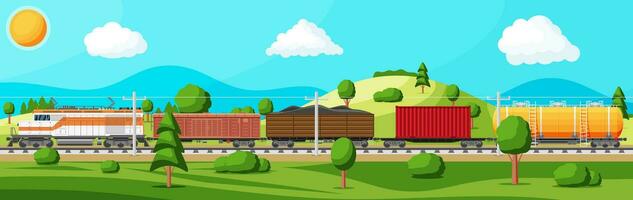 Train with cargo wagons, cisterns, tanks and cars. Railroad freight collection. Nature landscape with trees, hills, forest and clouds. Cargo rail transportation. Flat vector illustration