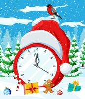 alegre Navidad y nuevo año fiesta saludo Navidad tarjeta con reloj. Papa Noel claus sombrero, regalo caja, árbol, pelota y pan de jengibre hombre, piñonero pájaro. invierno bosque paisaje. plano vector ilustración