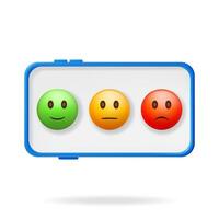 3D Customer Rating Smile Emoticons Checklist in Mobile Phone Isolated. Render Positive, Neutral and Negative Symbols. Testimonials Rating, Feedback, Survey, Quality, Review. Vector Illustration