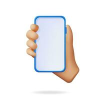 3d Realistic Hand Holding Smartphone with Empty Screen. Front View Smart Phone in Hand Mockup Render. 3D Telephone Blue Color. Modern Mobile Gadget Device Icon. Vector Illustration