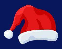 Red Santa Claus Hat Isolated on Blue Background. Hat with Fur and Pompon. Happy New Year Decoration. Merry Christmas Clothes Holiday. New Year and Xmas Celebration. Vector Illustration in Flat Style