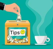 Orange tip box full of cash and cup of coffee. Thanks for the service. Money for servicing. Good feedback or donation. Gratuity concept. Vector illustration in flat style