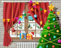 Cozy interior of room with christmas tree. Happy new year decoration. Merry christmas holiday. New year and xmas celebration. Winter landscape, snow, village. Cartoon flat vector illustration.