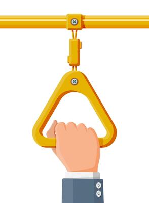 Hand holding the handrail in transport. Handles for safety transportations of passengers in bus, metro, train. Triangle yellow handle and hand isolated on white. Cartoon flat vector illustration