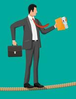 Businessman in suit walking on rope with suitcase and folder. Business man walking on tightrope gap. Obstacle on road, financial crisis. Risk management challenge. Vector illustration in flat style