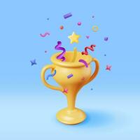 3D Golden Champion Trophy with Confetti. Render Gold Cup Trophy Icon. Gold Trophy for Competitions. Award Victory, Goal, Champion Achievement, Prize, Sports Award, Success Concept. Vector Illustration