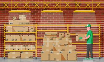 Warehouse interior with goods, mover and container package boxes. Pile cardboard boxes set. Carton delivery packaging open and closed box with fragile signs. Vector illustration in flat style