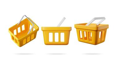 3D Orange Plastic Shopping Basket from Different Angles Set Isolated. Render Collection of Realistic Shopping Cart Icon. Empty Shopping Supermarket Basket Front View. Cartoon Vector Illustration