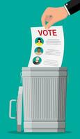 Ballot paper with candidates. Hand puts election bill in trash. Destruction of electoral documents. Candidate against all. Vector illustration in flat style