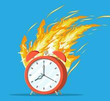 Red alarm clock in fire. Burning clock. Decision, deadline coming, hurry up. Fast time stop watch, limited offer. Time management, planning business targeting smart solutions. Flat vector illustration