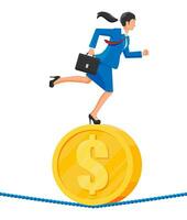 Businesswoman on coin walking on rope with suitcase. Business woman walking on tightrope gap. Obstacle on road, financial crisis. Risk management challenge. Vector illustration in flat style