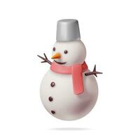 3D White Snowman in Bucket Hat and Scarf Isolated. Render Snow Man Character. Happy New Year Decoration. Merry Christmas Holiday. New Year and Xmas Celebration. Realistic Vector Illustration
