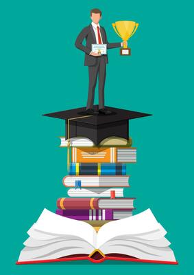 Businessman with trophy on stack of books. Business man with diploma. Education and study. Business success, triumph, goal or achievement. Winning of competition. Vector illustration flat style