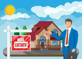 Businessman or realtor near suburban house holding key. Wooden placard with real estate sign. Mortgage, property and investment. Buy sell or rent realty. Flat vector illustration