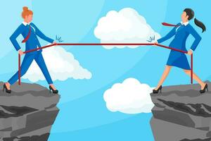 Two Businesswomen Pull of Rope. Women Tug of War and Look at Each Other. Business Target, Rivalry, Competition, Conflict. Achievement, Goal Success. Flat Vector Illustration