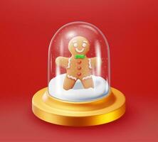 3D Glass Christmas Snow Globe with Gingerbread Man Isolated. Render Sphere Podium with Gingerbread Man. New Year Decoration. Merry Christmas Holiday. Xmas Celebration. Realistic Vector Illustration