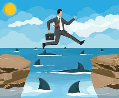 Businessman jumping over shark in water. Business man in suit with briefcase jump between gap. Obstacle on road, financial crisis. Risk management challenge. Flat vector illustration