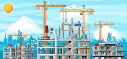 Construction Site Banner Landscape. Rooftop, Workers, Concrete Piles, Tower Crane. Under Construction Design Background. Building Materials and Equipment. Cartoon Flat Vector Illustration