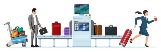 Airport Security Scanner Icon. Conveyor Belt with Passenger Luggage. Baggage Carousel Scan Isolated on White. Package X-ray Baggage. Security, Logistic and Delivery. Cartoon Flat Vector Illustration