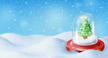 3D Christmas Background. Render Christmas Tree in Glass Globe with Garlands and Balls. Winter Landscape with Fir Tree and Snowing Happy New Year Celebration. New Year Xmas Holiday. Vector Illustration