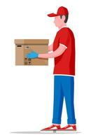 Man holding cardboard box. Courier character holds parcel in his hands. Carton delivery packaging closed box with fragile signs. Free and fast shipping. Vector illustration in flat style