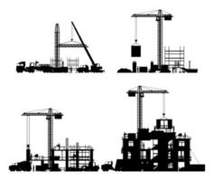 construcción sitio etapas silueta aislado. diferente etapas de construcción proceso. edificio debajo casa. edificio actividad, trabajando grúas, trabajadores y máquinas. dibujos animados plano vector ilustración