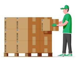 Cardboard boxes pile on wooden pallet and mover isolated on white. Carton delivery packaging closed, sealed, cubic, big and small box with fragile signs. Vector illustration in flat style