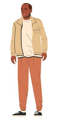 African American Man Isolated. Stylish Black Skin Guy in Summer Jacket and Pants. Elegant Smiling Male Character in Casual Clothes. Black Boy Stands and Smiles. Cartoon Flat Vector Illustration