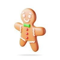 3D Holiday Gingerbread Man Cookie. Render Cookie in Shape of Man with Colored Icing. Happy New Year Decoration. Merry Christmas Holiday. New Year and Xmas Celebration. Realistic Vector illustration