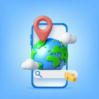 3d Globe with Clouds, Search Bar and Location Pin on Phone. Render Planet Earth and Search Frame. Weather, Booking, Transportation, Traveling. Cartography and Geography Earth Day. Vector Illustration