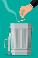 Tobacco abuse concept. Hand putting cigarettes in trash bin. No smoking. Rejection, proposal smoke. Vector illustration in flat style.