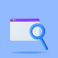 3D Browser Window and Magnifying Glass Isolated. Render Web Page GUI with Zoom Lens. Browser or Operating System Search. Web Page or Internet Searching Tools Concept. Vector Illustration