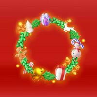 3D Decorated Christmas Wreath. Render Fir Evergreen Wreath with Holly Leaves, Baubles, Gift Boxes, Gingerbread Man. New Year Decoration. Christmas Holiday. New Year Xmas. Vector Illustration