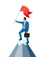 Businessman standing on top of mountain with flag. Symbol of victory, successful mission, goal and achievement. Trials and testing. Win, business success. Flat vector illustration