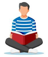Young man sitting cross-legged and read book. Bot in lotus pose with book. Creative job or studying, education concept. Prepares to exams. Student with textbook. Cartoon flat vector illustration
