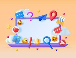 3D Social Media Concept Isolated. Render Computer with Colorful Social Network Icon. Chat Bubble, Like Button, Exclamation Question Mark, Notification Bell. Online Communication. Vector Illustration