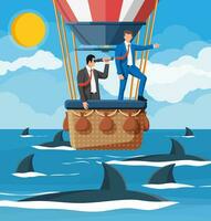 Business people on air balloon, shark in water. Businessman with spyglass. Obstacle on road, financial crisis. Risk management challenge. Searching business solution strategy. Flat vector illustration