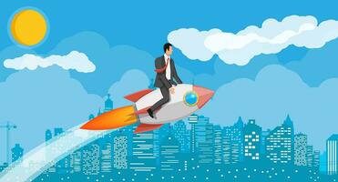 Successful business man flying on rocket on graph going up to target. Businessman on flying space ship. New business or startup. Idea, growing, success, start up strategy. Flat vector illustration