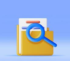 3D Document Folder with Magnifying Glass. Render Analysis of Folder with Loupe. Focus Research and Online Data Monitoring. Discovery, Analysis, Research, Investigation, Search. Vector Illustration