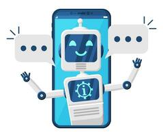 Smartphone with Chat Bot Speak in Bubble on Screen. Robot with Speech Window. Chatbot Greets. Online Support Bot. Artificial Intelligence, AI Helper Service Support Assistant. Flat Vector Illustration