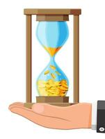 dinero en reloj de arena reloj en mano. regreso en inversión, oro moneda creciente cuadro. crecimiento, ingreso, ahorros, inversión. símbolo de poder. negocio éxito. plano estilo vector ilustración.