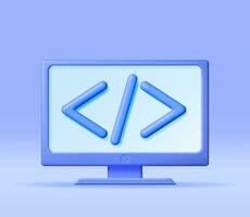 3d Code Icon on Computer Isolated. Render Python or Java Api Symbols in Monitor Device. Computer Programming Language. Web Development HTML Code Interface. Coding Round Tag. Vector Illustration